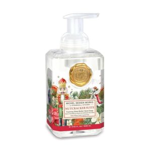 Michel Design Foaming Soap in Nutcracker Suite, featuring a festive blend of sweet vanilla, warm spices, and a hint of orange. Perfect for gently cleansing your hands while filling your space with a cozy, holiday-inspired fragrance.