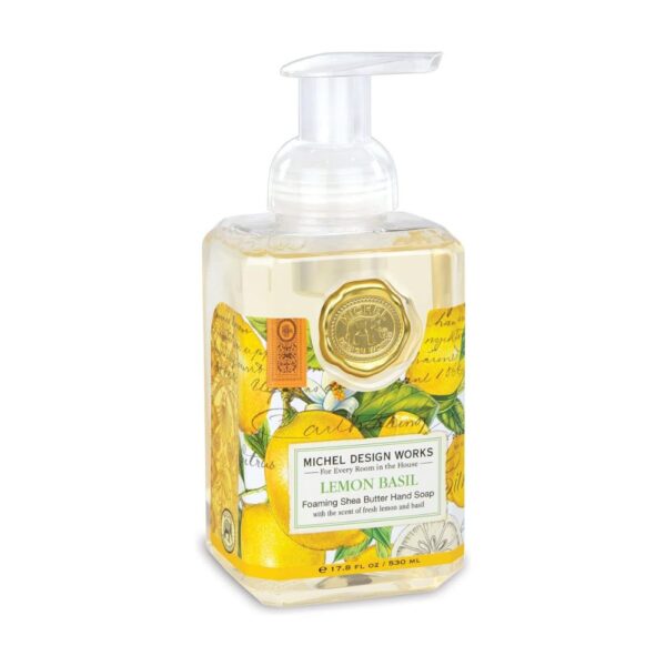 Michel Design Foaming Soap in Lemon Basil, offering a refreshing blend of zesty lemon and aromatic basil. Perfect for gently cleansing your hands while invigorating your senses with a bright, crisp fragrance that’s both uplifting and energizing.