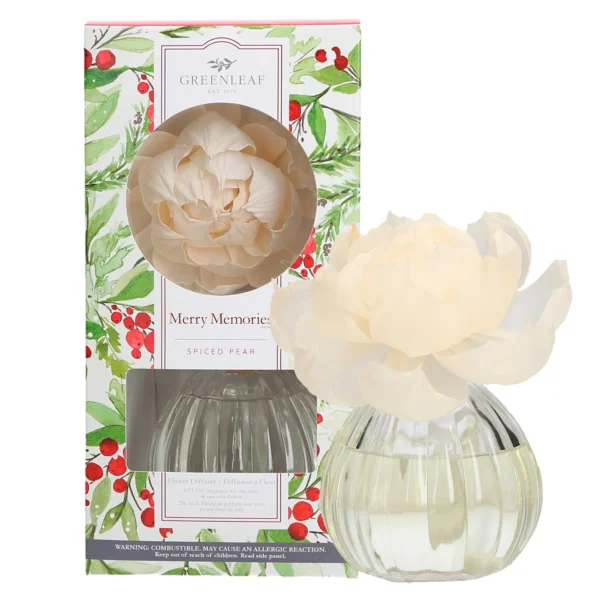 Greenleaf Flower Diffuser in Merry Memories, offering a heartwarming blend of seasonal spices and sweet vanilla. Perfect for creating a cozy, festive ambiance in your home with a long-lasting, nostalgic fragrance.