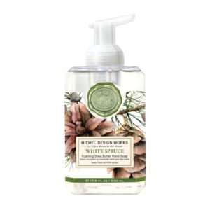 Michel Design Foaming Soap in White Spruce, featuring a refreshing blend of crisp pine, bright citrus, and subtle hints of eucalyptus. Perfect for gently cleansing your hands while filling your space with a fresh, invigorating fragrance.