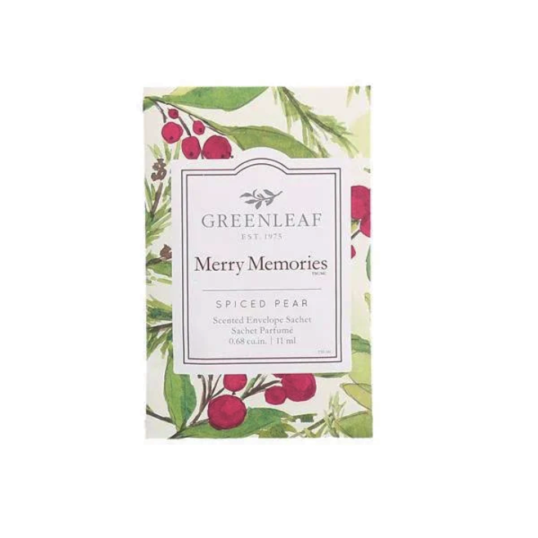 Greenleaf Sachet in Merry Memories, featuring a delightful blend of warm holiday spices and sweet vanilla. Perfect for adding a festive touch to any space, filling the room with a cozy and inviting holiday fragrance.