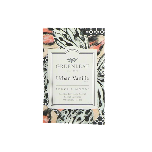 Greenleaf Urban Vanilla Small Sachet, featuring a rich blend of smooth vanilla and warm, cozy spices. Ideal for adding a comforting, long-lasting fragrance to any space with a touch of elegance and warmth.