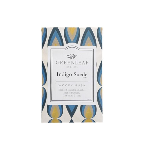 Greenleaf Sachet in Indigo Suede, offering a sophisticated blend of rich suede, soft florals, and a touch of spice. Perfect for adding a luxurious, long-lasting fragrance to any space, creating an elegant and refined atmosphere.