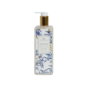 Greenleaf Cashmere Classic Linen Hand Wash, featuring a soft, comforting blend of cashmere and fresh linen scents. Ideal for gently cleansing and moisturizing your hands while leaving a luxurious, long-lasting fragrance