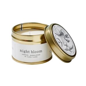 AMANDA + JAYNE Night Bloom Gold Tin (Festive), offering a rich, captivating blend of exotic florals and warm, sweet notes. Ideal for creating a festive, inviting atmosphere with a luxurious touch during the holiday season