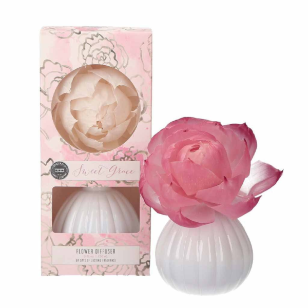 Bridgewater Flower Diffuser in Sweet Grace, a beautifully crafted home fragrance with a luxurious blend of bright fruits, soft florals, and warm vanilla. Ideal for adding a subtle, long-lasting fragrance to any room.