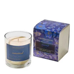 AMANDA + JAYNE Seasoned Glass Collection (Blue), featuring a stunning blue-hued glass design with a refreshing blend of fragrance. Perfect for adding elegance and lasting fragrance to your home, creating a serene atmosphere.