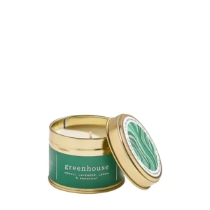 AMANDA + JAYNE Greenhouse Gold Tin (Festive), featuring a refreshing blend of fresh greenery and delicate florals. Perfect for bringing a natural, soothing fragrance to your home during the holiday season, elegantly housed in a gold tin.