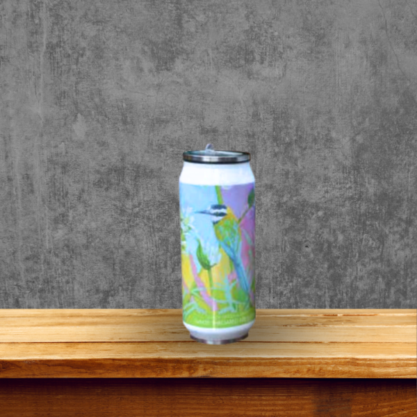 Close-up view of an Elaine Louw travel can, showcasing the vivid artwork printed on its durable surface and its compact, functional design.