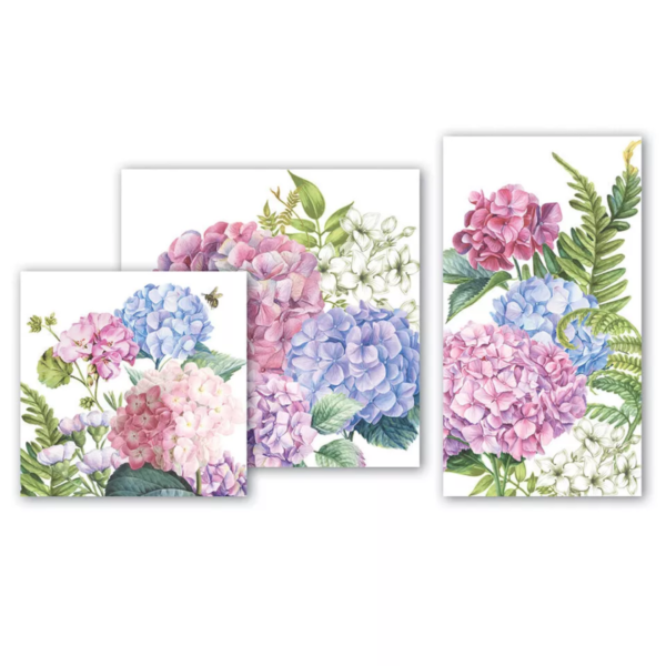 Pack of Michel Design Wild Hydrangea Luncheon Napkins featuring vibrant hydrangea floral designs in rich, colorful hues, perfect for adding a lively touch to your table setting