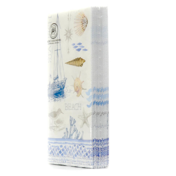 Pack of Michel Design The Shore Hostess Napkins featuring serene coastal designs with soft blues and sandy tones, perfect for adding a calming, beach-inspired touch to your table setting.