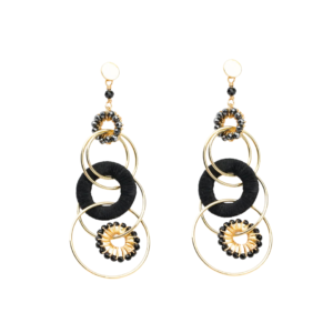 Gold-plated Onyx and silk thread circle linked chandelier earrings, showcasing intricate design with bold onyx stones and luxurious silk thread details.